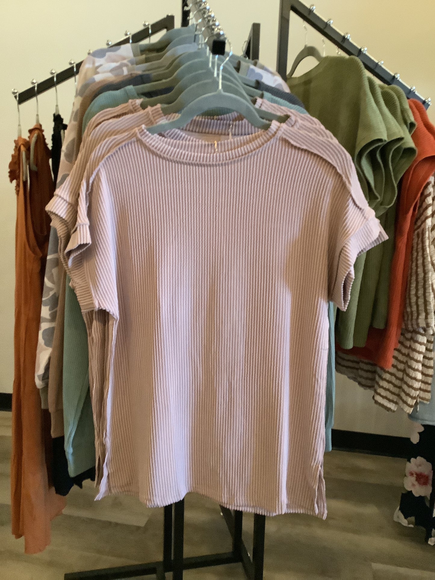 Khaki Striped Textures T-Shirt Loose Fit Short Sleeve Top
