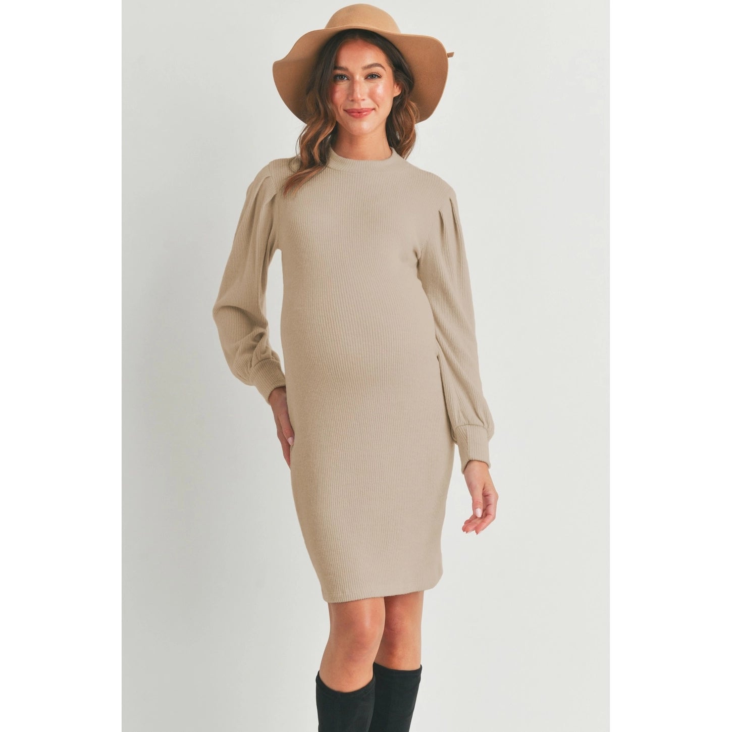 Ribbed Knit Sweater Dress with Puffed Sleeves