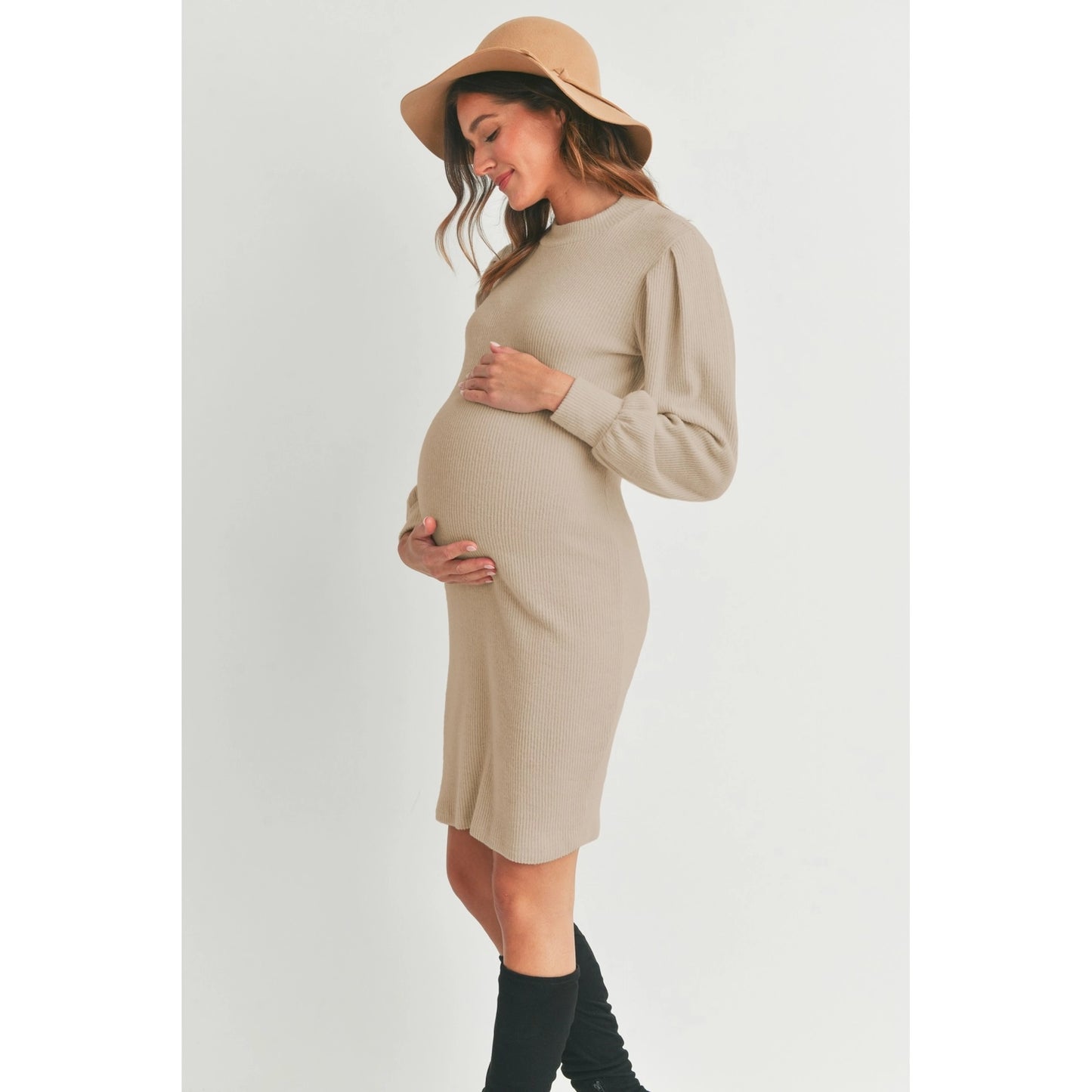 Ribbed Knit Maternity Crewneck Midi Sweater Dress - Hello Miz