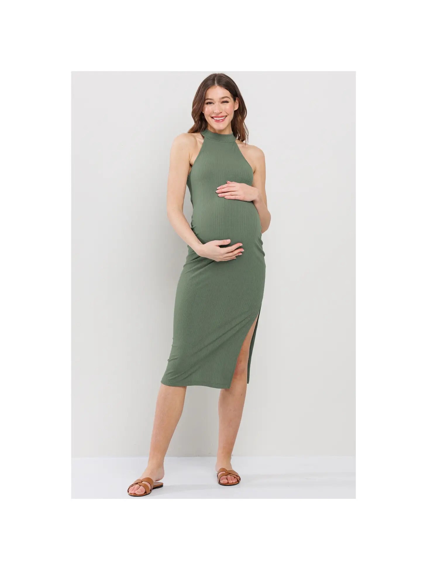 Halter Maternity Midi Dress with Side Slit and Keyhole Back OLIVE / X-LARGE Halter Maternity Midi Dress with Side Slit and Keyhole Back OLIVE / X-LARGE