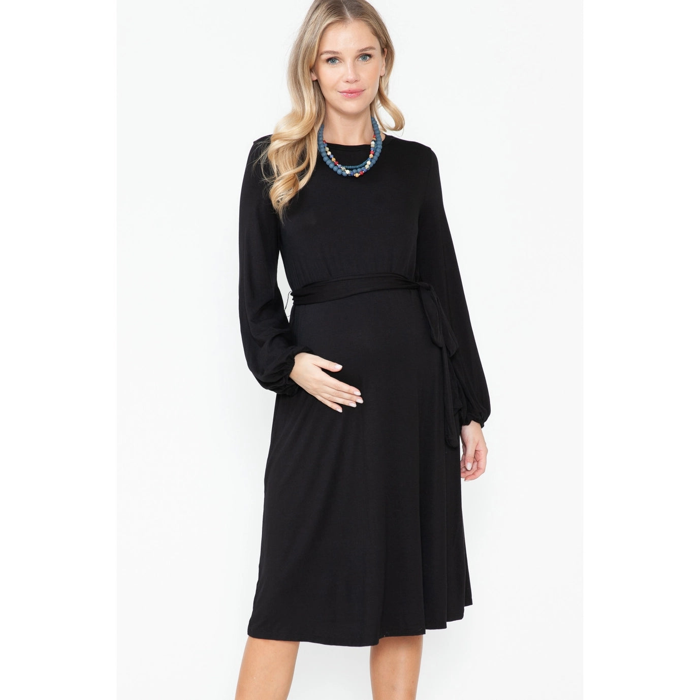 Maternity Puff Sl Solid Basic Knee Length Waist Tie Dress