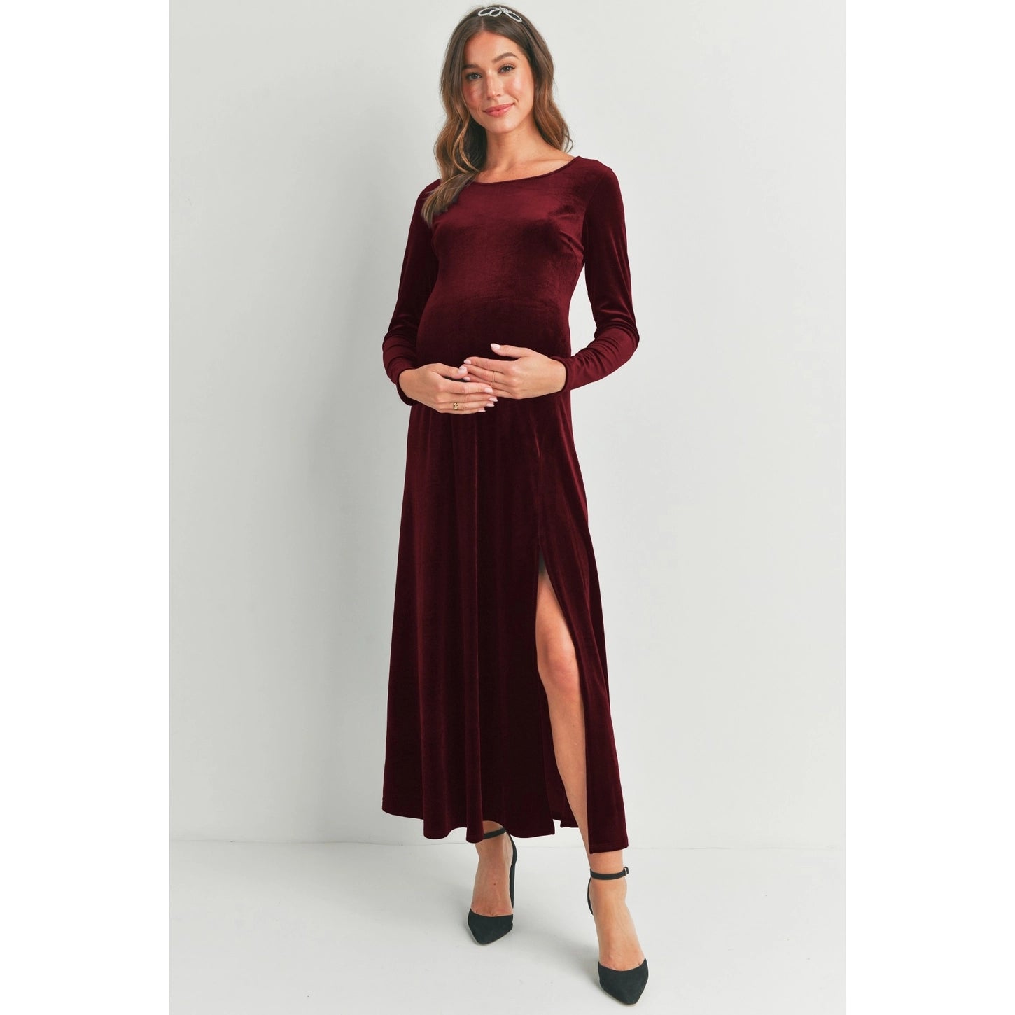 Velvet Round Neck Side Slit Maternity Dress BURGUNDY / X-LARGE Velvet Round Neck Side Slit Maternity Dress BURGUNDY / X-LARGE