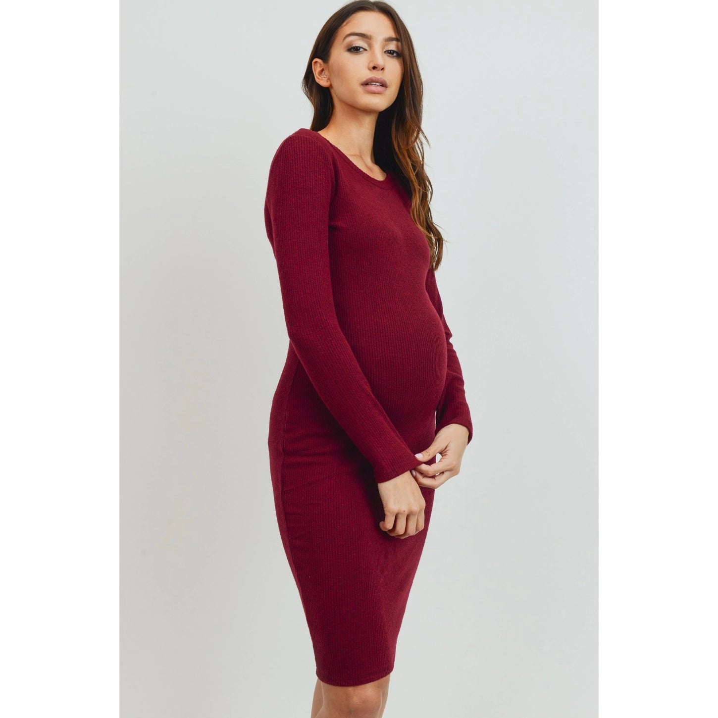 Long Sleeve Rib Knit Maternity Dress BURGUNDY / X-LARGE Long Sleeve Rib Knit Maternity Dress BURGUNDY / X-LARGE