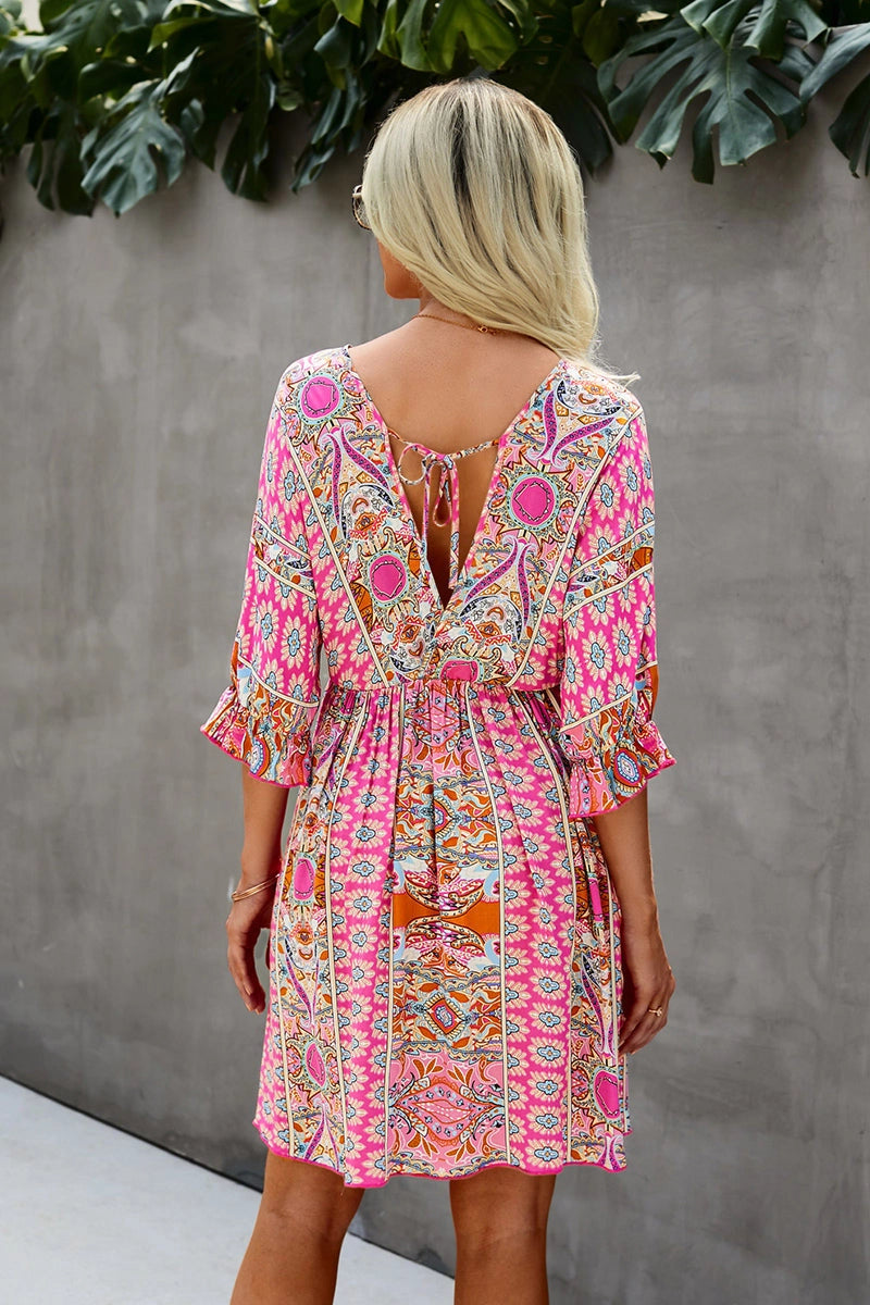 Boho Print Wrap Neck Tie Back Pleated Hem Dress