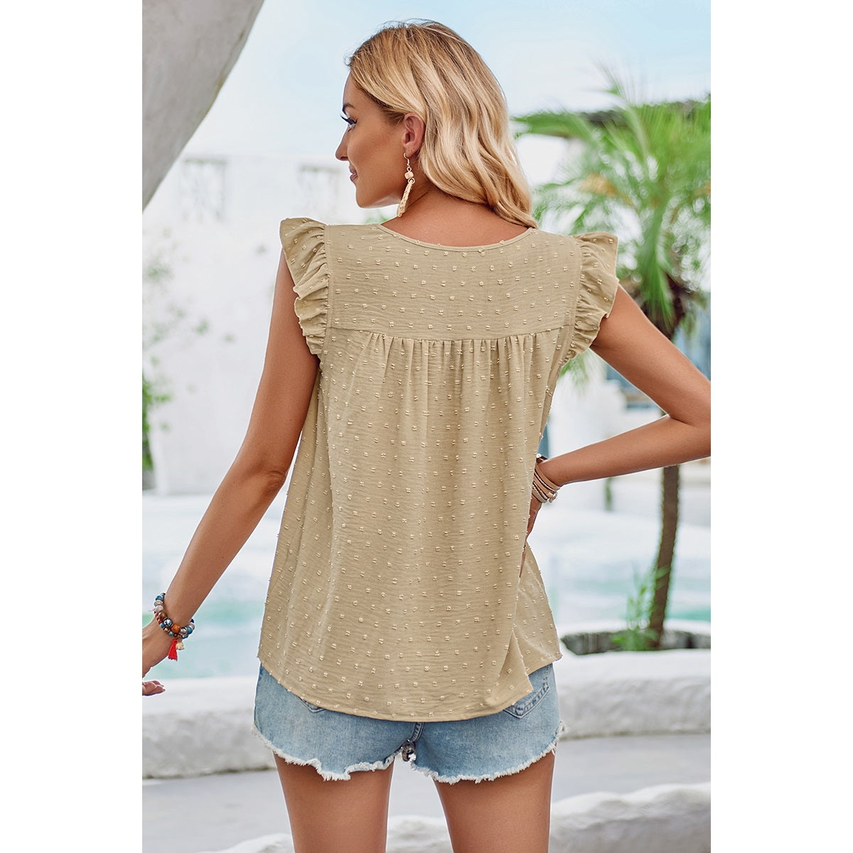 Swiss Dot Round Neck Ruffle Lose Solid Top