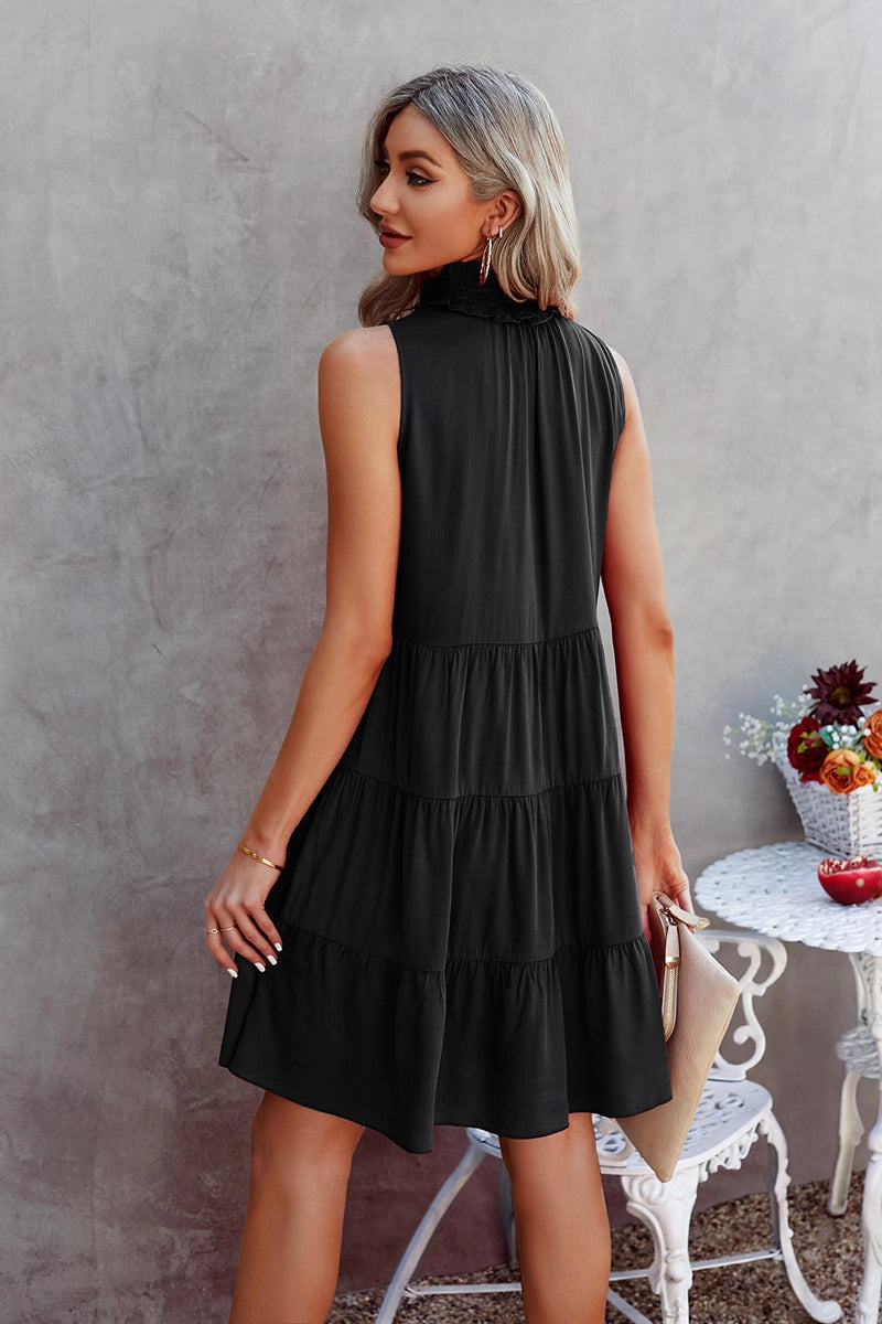 Mock Neck Sleeveless Ruffled Solid Dress - Black