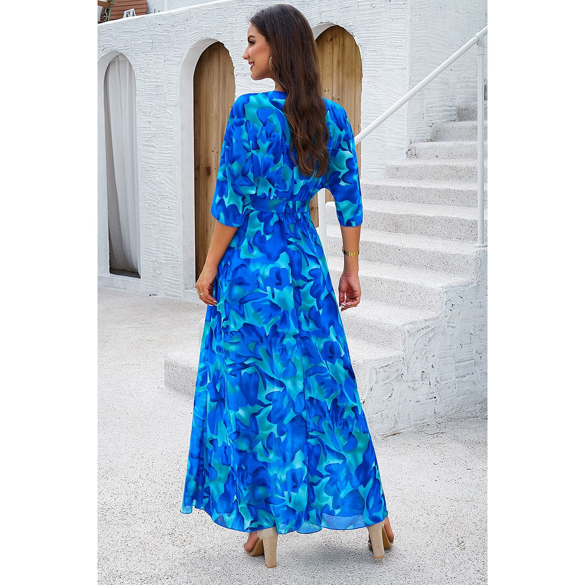 Floral Print V Neck Waist Cinched Split Long Dress