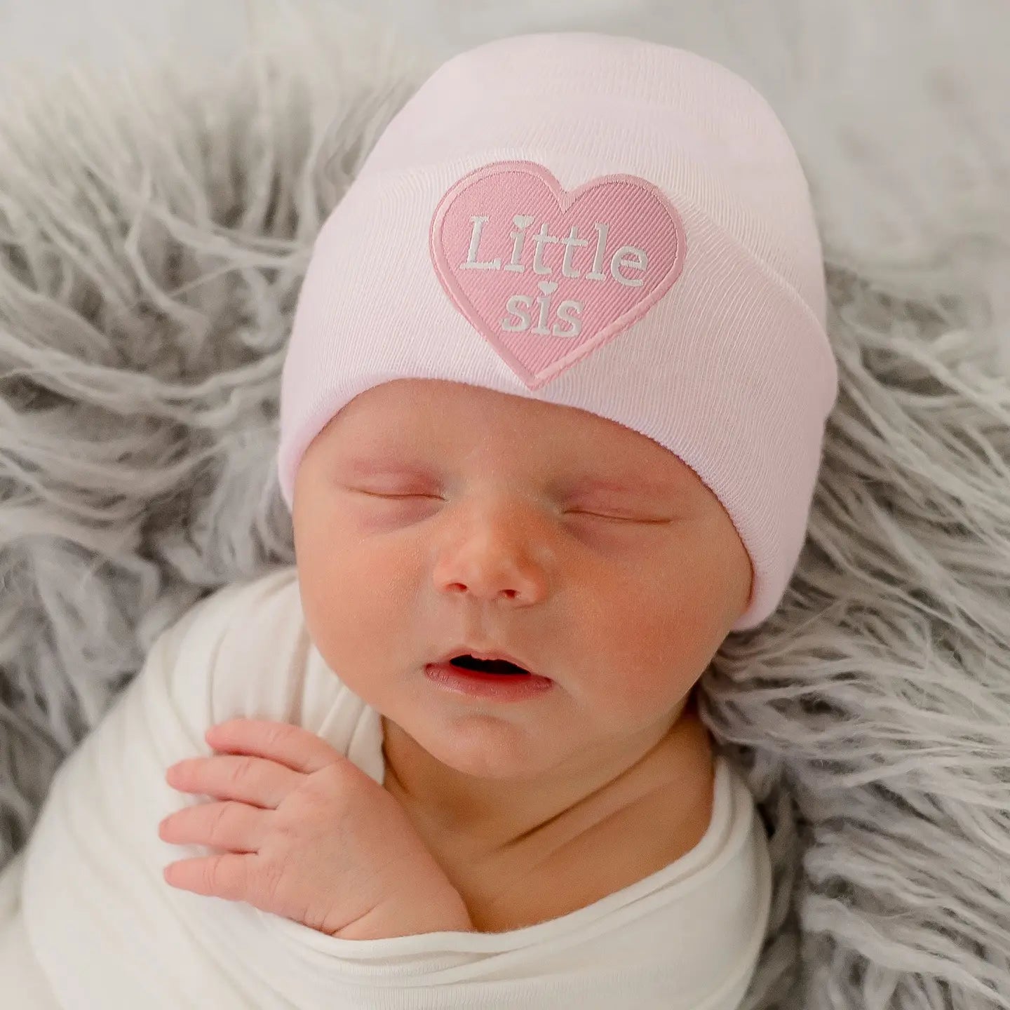Little Sis or Bro Heart Patch White Hospital Hat 0-3m