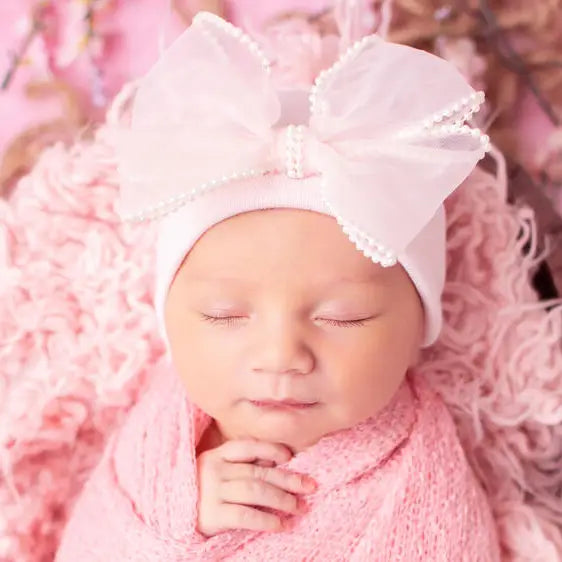 Chiffon Pearl Bow Newborn Girl Hospital Hat 0-3m