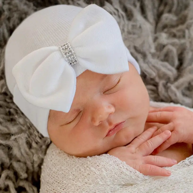 Ilybean Silver Jewel White Bow Newborn Girl Hospital Hat