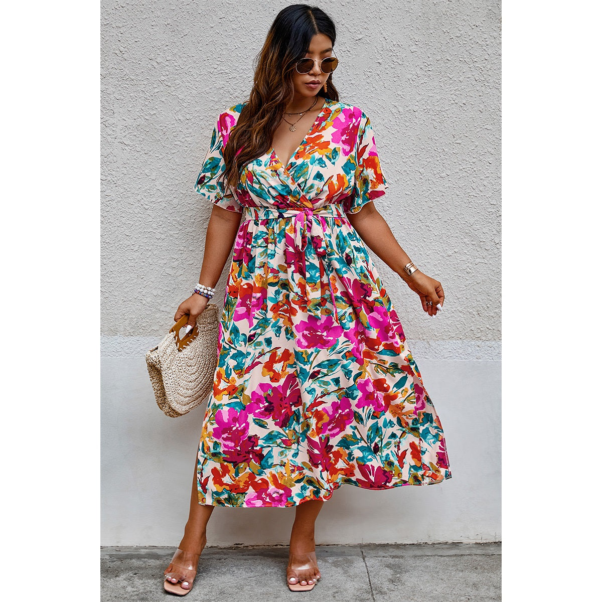 strapless open back dress Plus Size Floral Butterfly Sleeve Belted Dress – Sneak A Peek Boutique