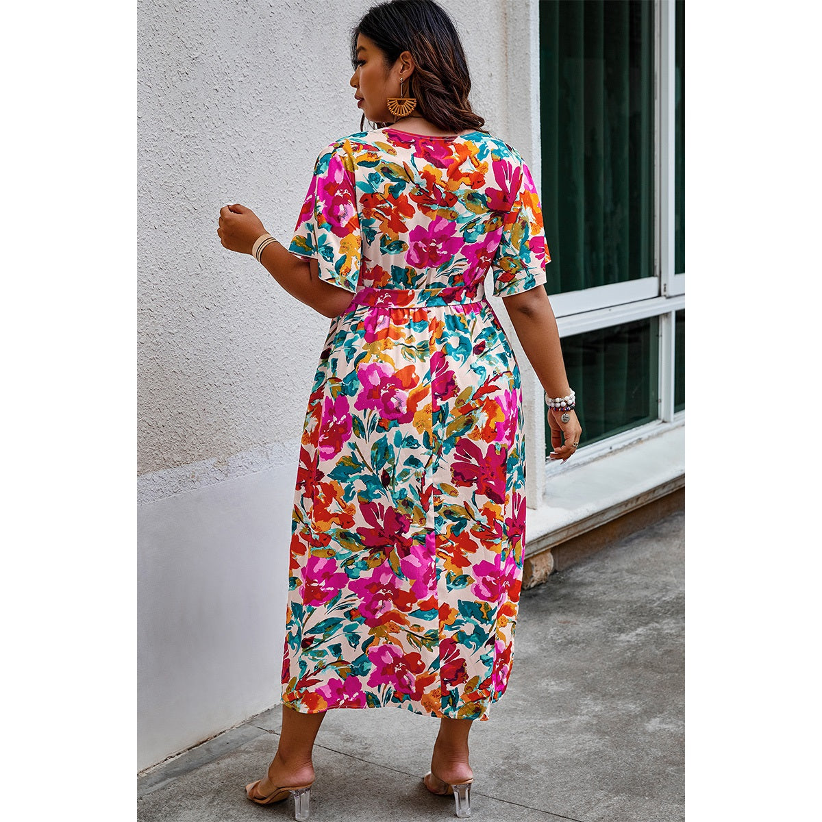 Plus Size Floral Butterfly Sleeve Belted Dress