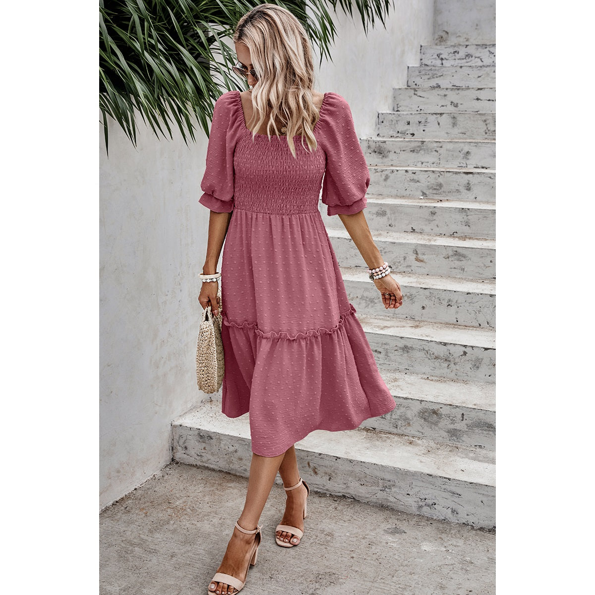 Square Neck Puff Sleeve Ruffle Hem Dress