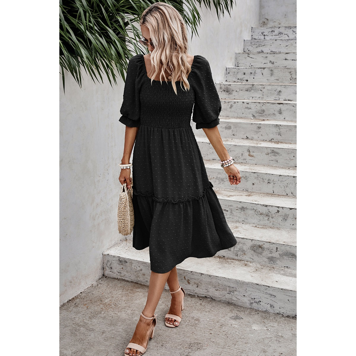Square Neck Puff Sleeve Ruffle Hem Dress