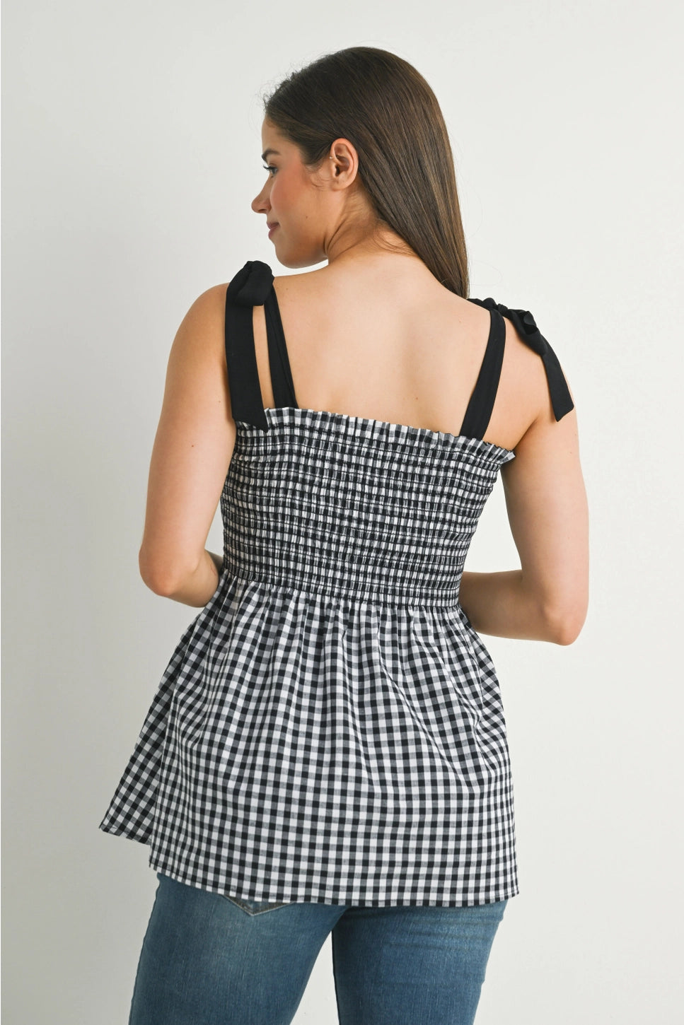 Gingham Smocked Tie-Strap Maternity Tank Top