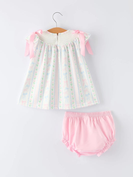 Girl Bow Stripe Smocked Baby Girls Bloomer Set