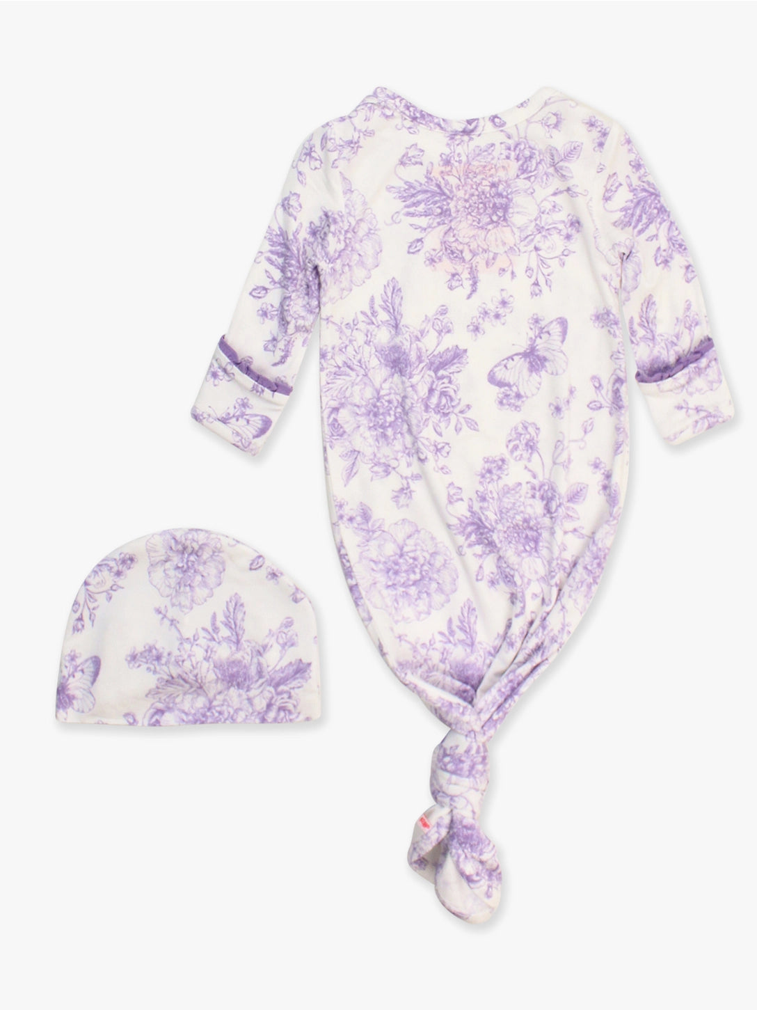 Softsnooze™ Baby Girls Bamboo Viscose Wisteria Purple Butterfly Garden Toile Ruffle Knotted Sleep Gown & Bow Hat Set Size Newborn-3 Months