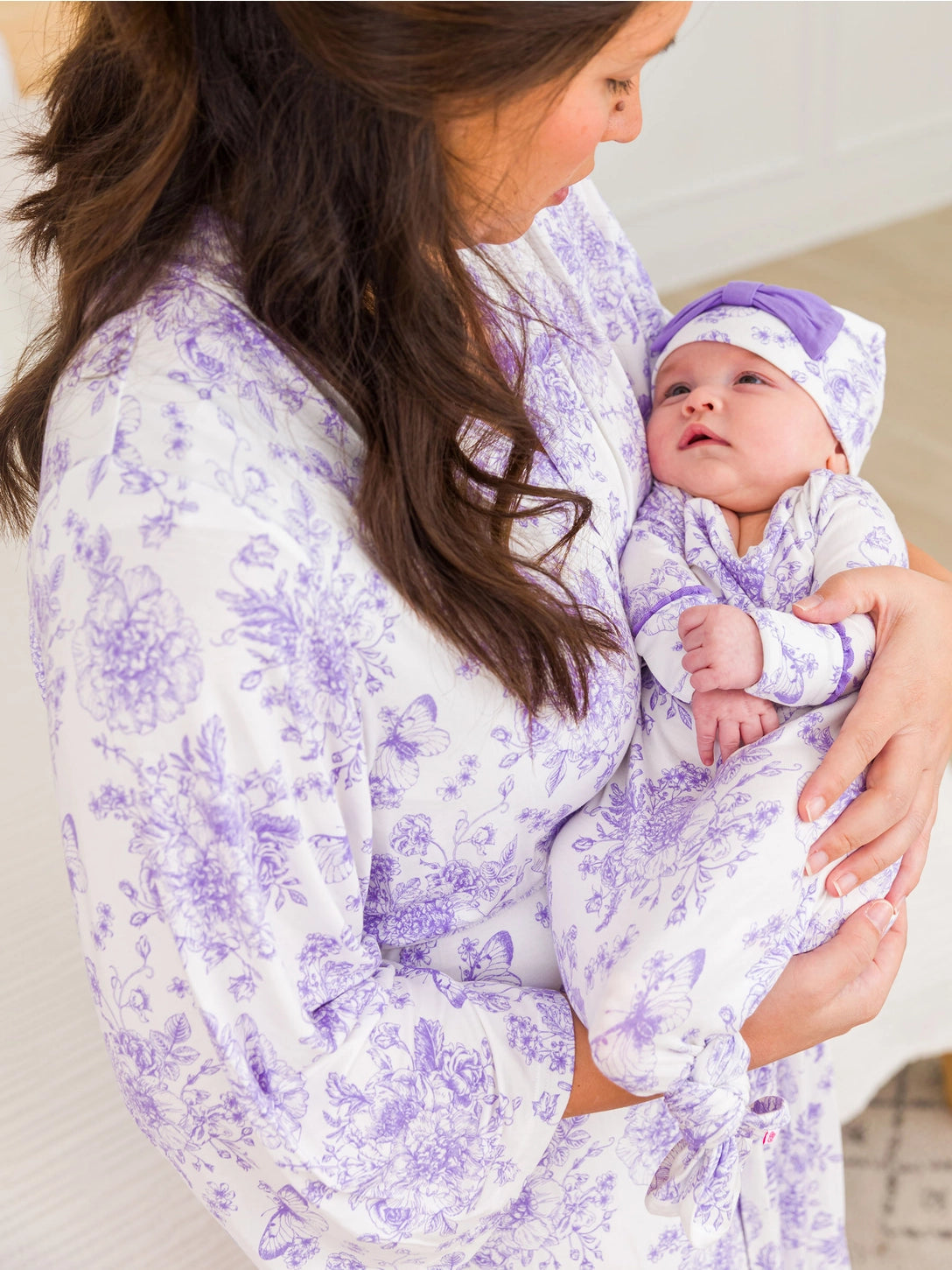 Softsnooze™ Women's Bamboo Viscose Wisteria Purple Butterfly Garden Toile Mommy & Me Maternity Robe - One Size