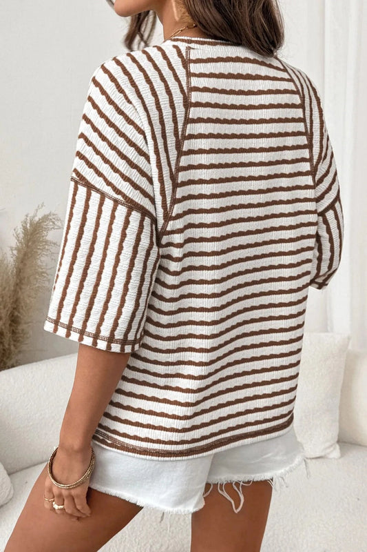Striped Textured Tee Oversized Casual Top