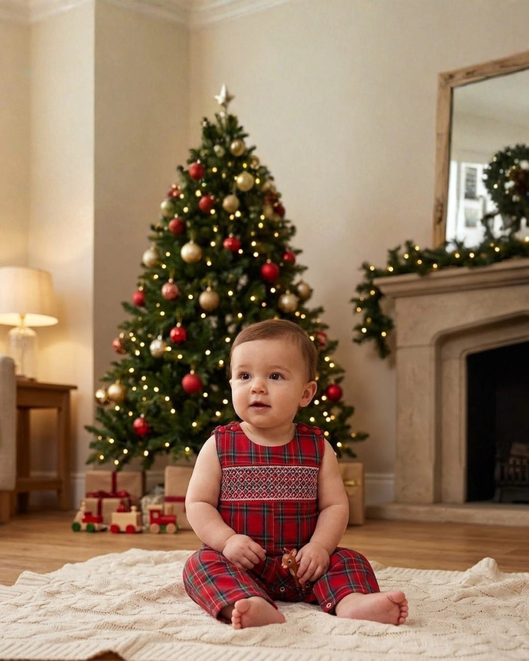 Red and Green Plaid Smocked Overalls