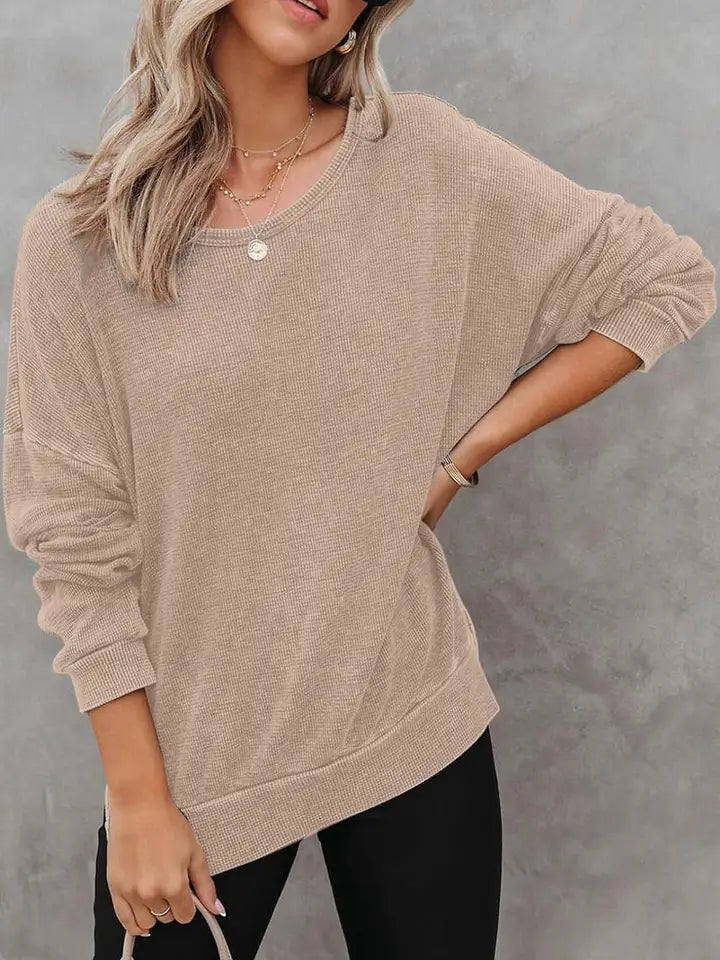 Solid Waffle Knit Pullover Oversized Crew Neck Top