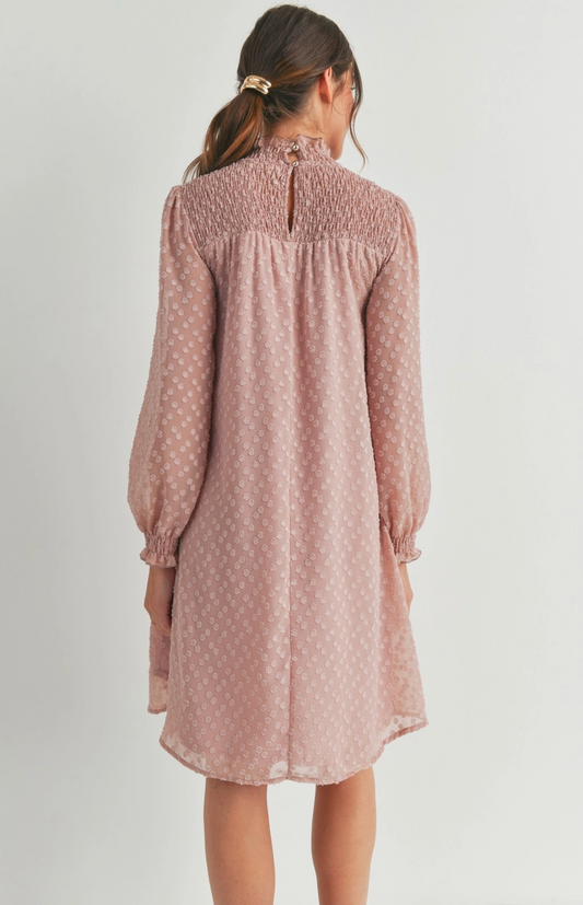 Smocked Long Sleeve Mock Neck Maternity Dress