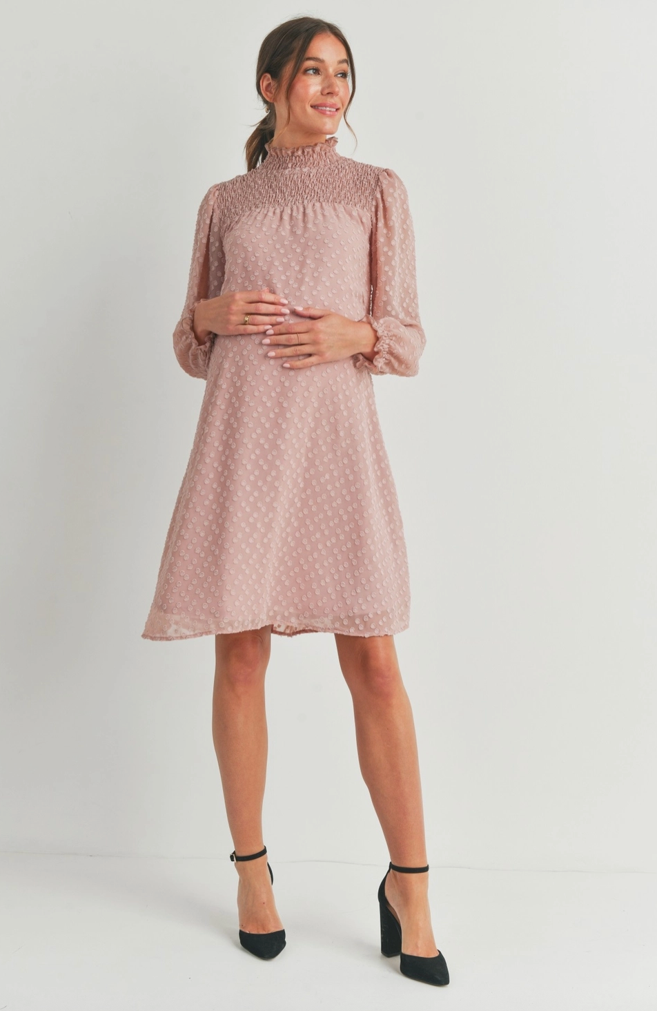 Smocked Long Sleeve Mock Neck Maternity Dress
