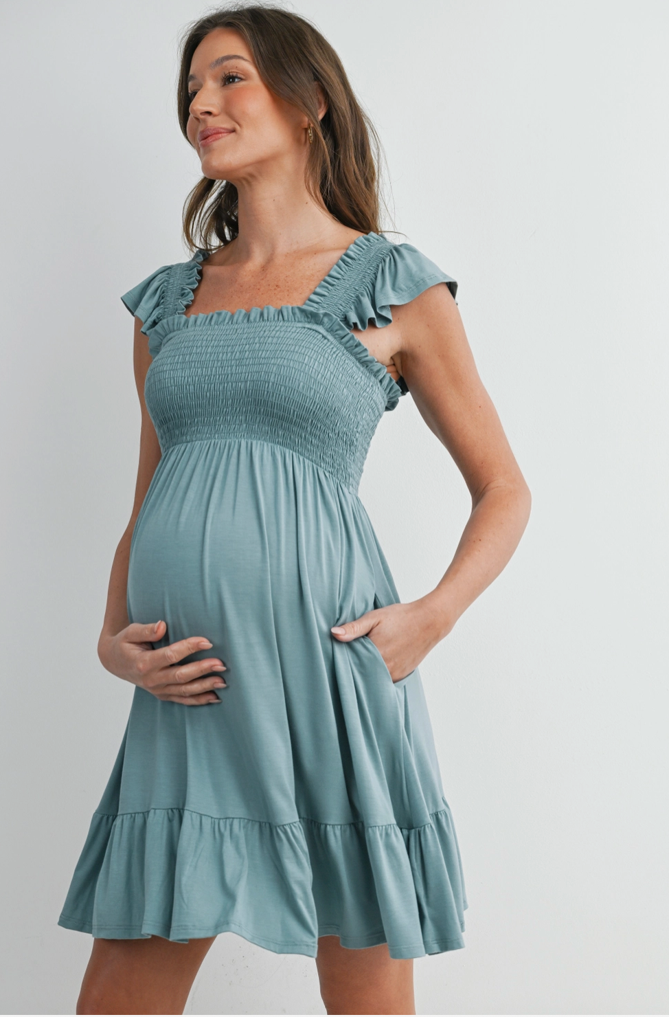 Smocked Tiered Maternity Mini Dress with Flutter Sleeves