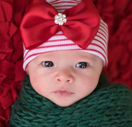 Red Satin Bow Christmas Striped Hat