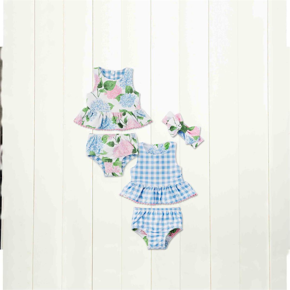 Mudpie Hydrangea/Gingham Reversible Swimsuit & Headband Set