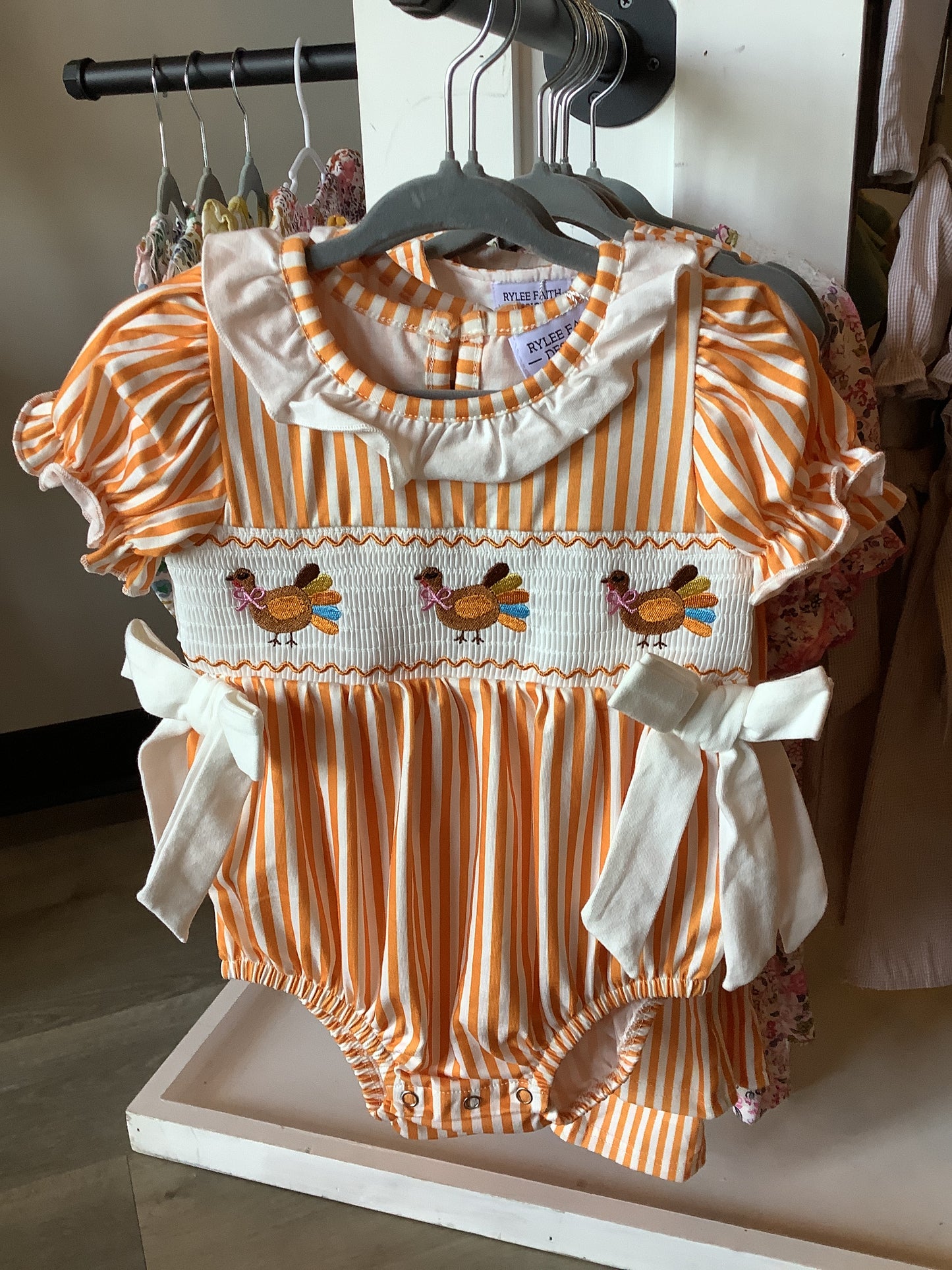 Fall Thanksgiving Orange Smock Embroidery Baby Girl Bubble