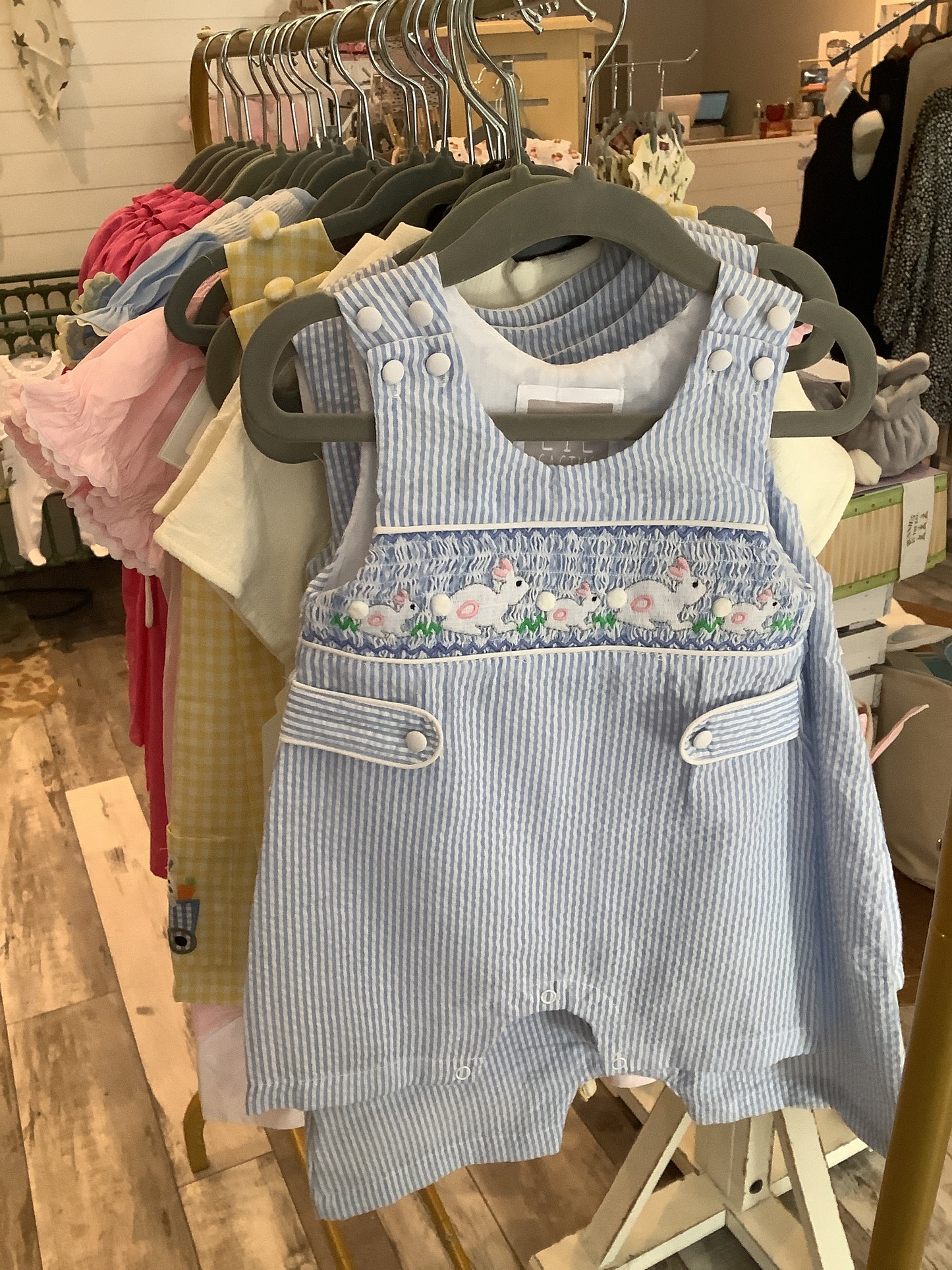 Blue Seersucker Bunnies Smocked Jon Jon