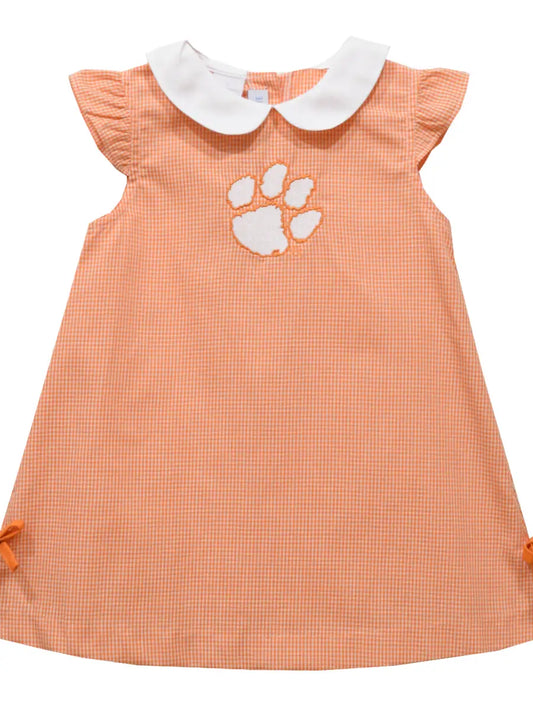 Clemson Embroidered Orange Gingham A Line Dress