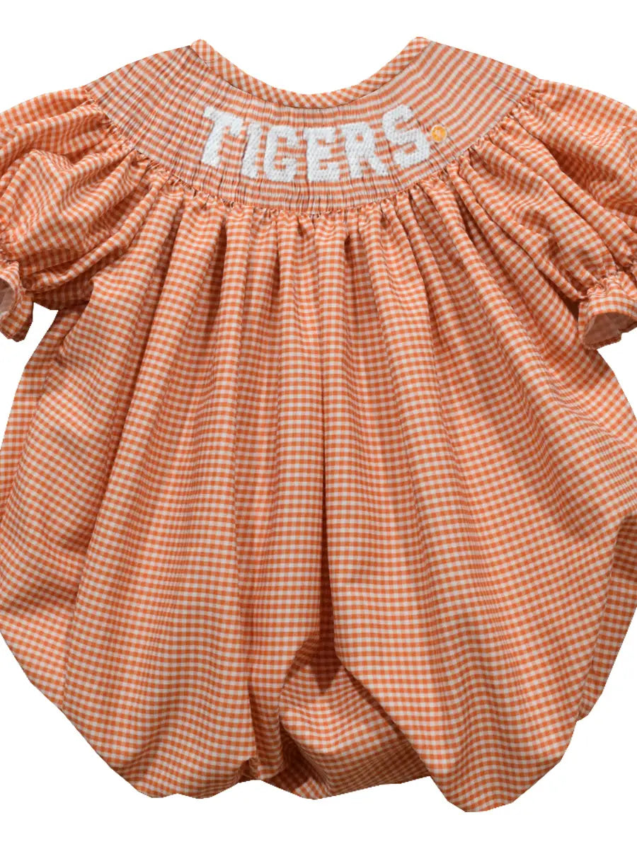 Clemson Tigers Smocked Gingham Short Sleeve Girls Bubble