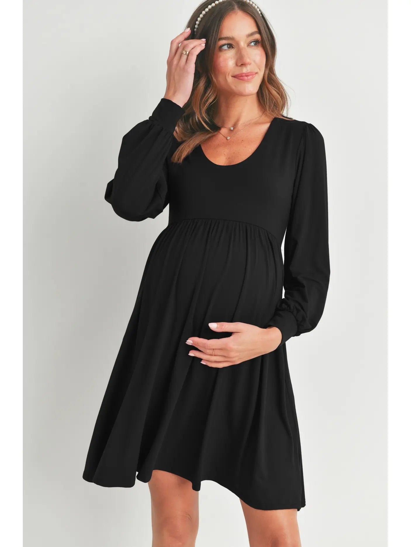 U Neck Puff Sleeve Maternity Dress with Pocket - Hello Miz