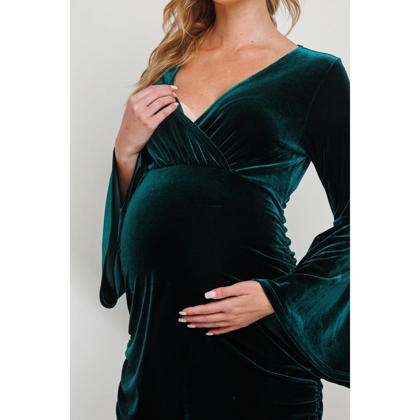 Velvet V-Neck Maternity Dress with Bell Sleeves Hello Miz