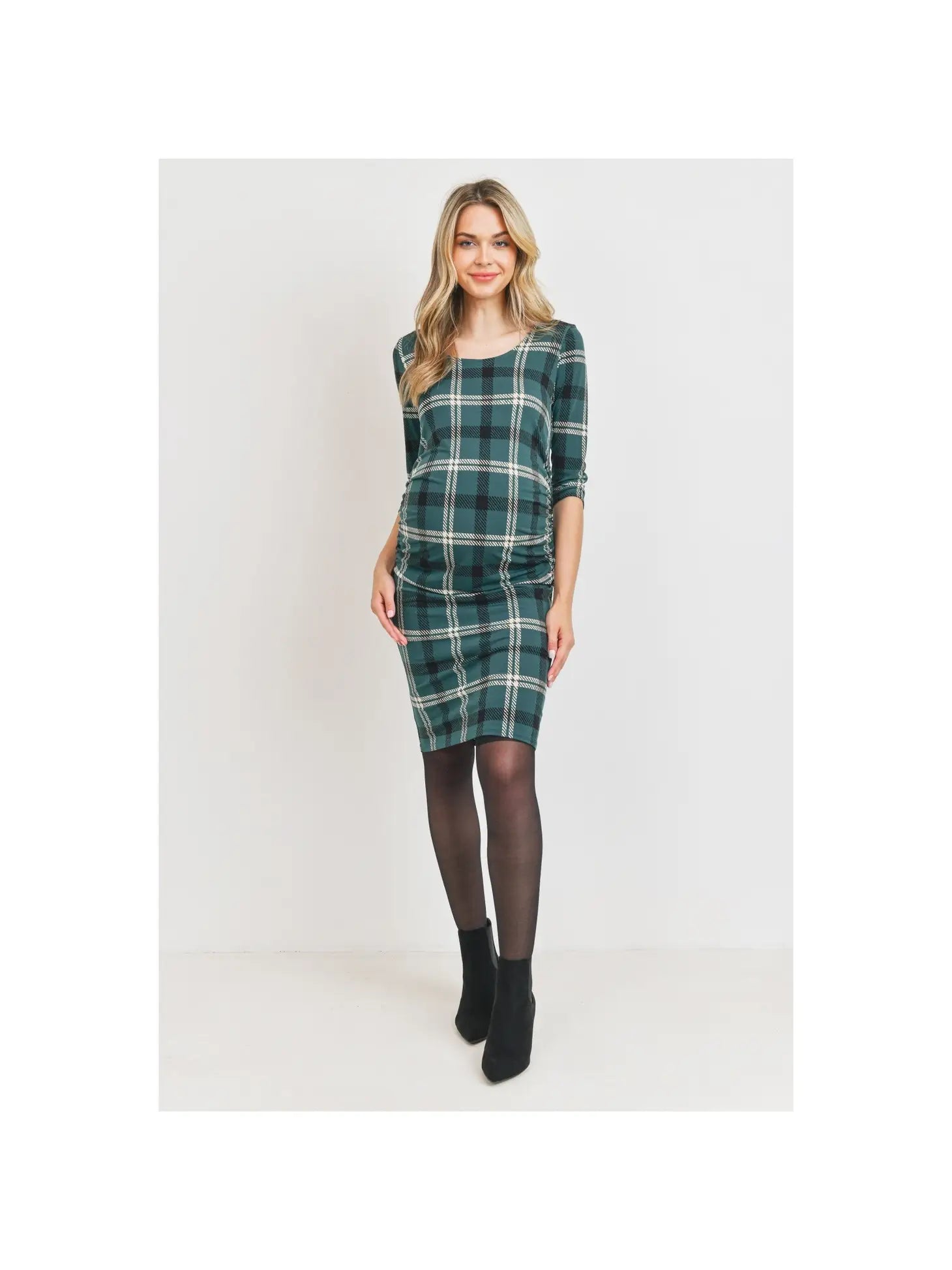 3/4 Sleeve Plaid Bodycon Maternity Dress Hunter Green / Small