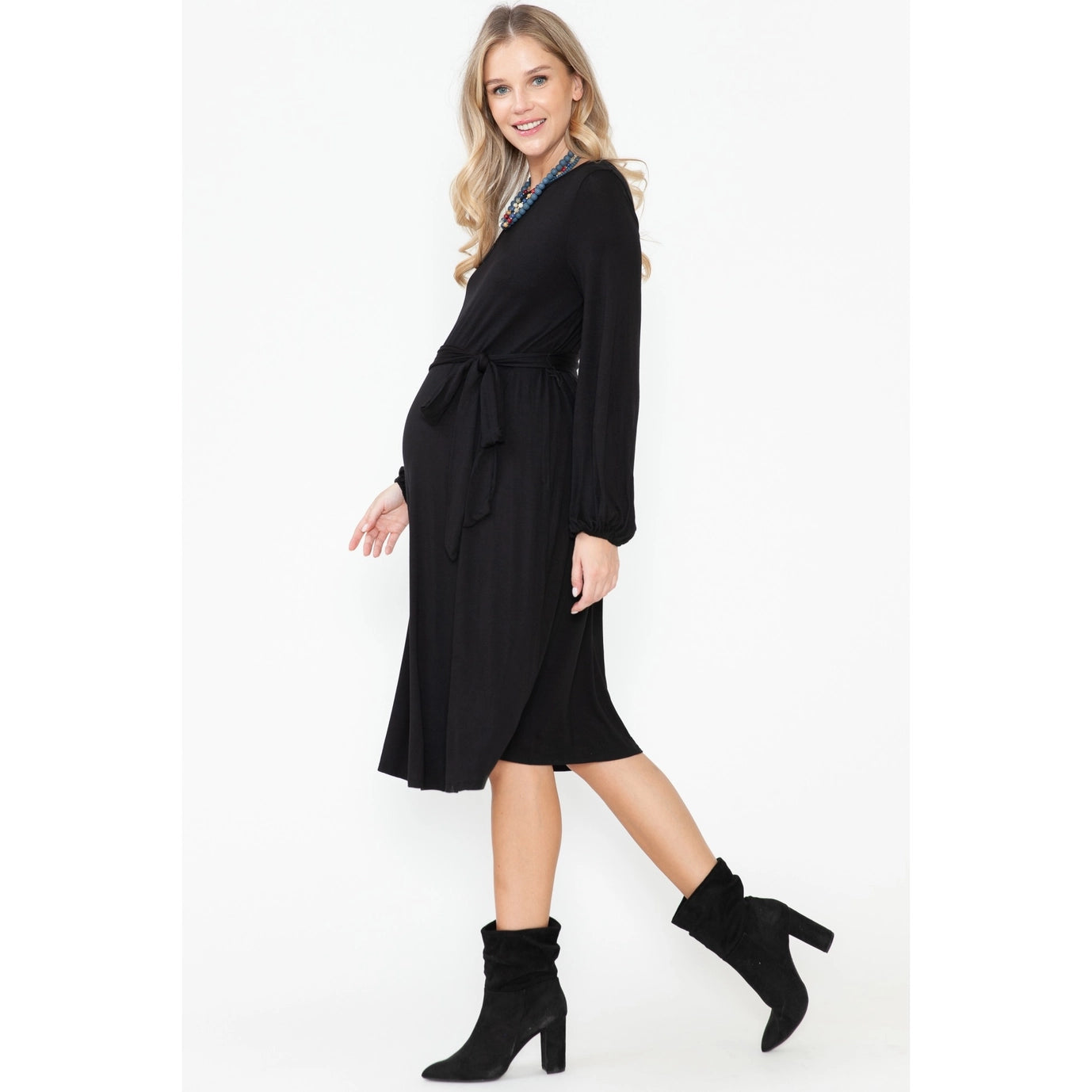 Maternity Puff Sl Solid Basic Knee Length Waist Tie Dress