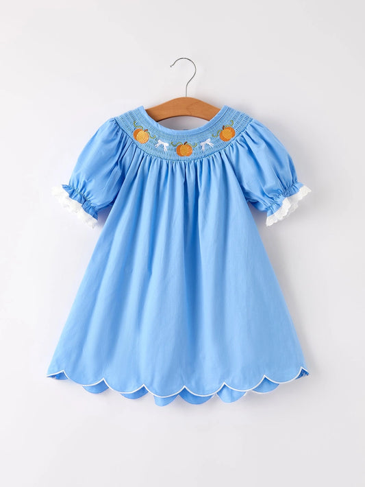 Blue Fall Thanksgiving&Halloween Pumpkin Smock Embroidery Lace Baby Girl Dress