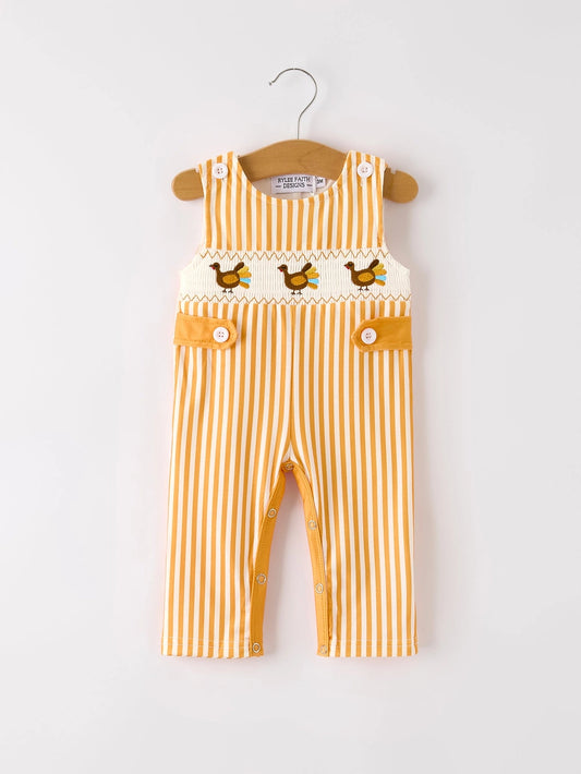 Fall Thanksgiving Smock Embroidered Orange Stripes Boys Romper