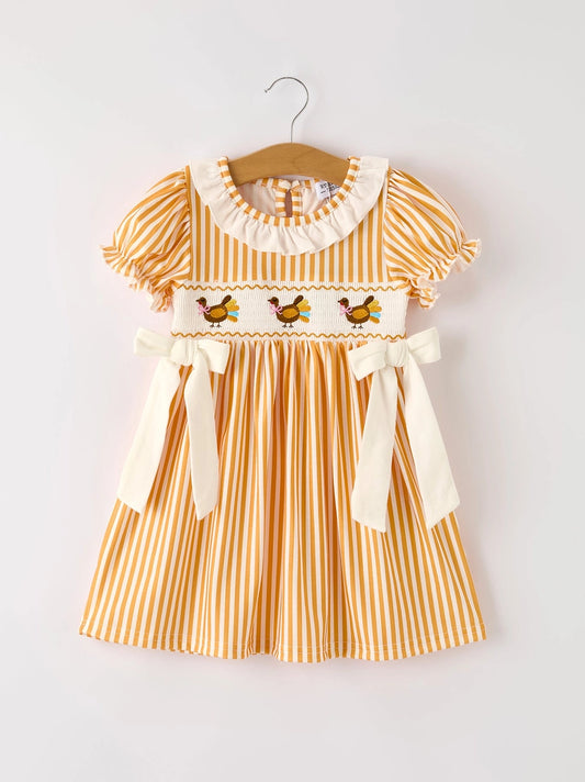 Fall Thanksgiving Orange Smock Embroidery Baby Girl Dress and Bubble