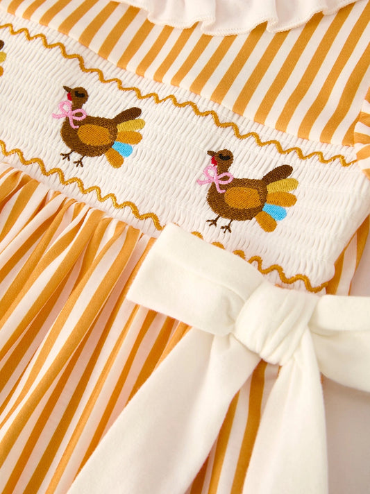 Fall Thanksgiving Orange Smock Embroidery Baby Girl Bubble