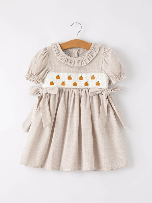 Halloween & Thanksgiving Pumpkin Embroidery Smock Plaid Girls Dress