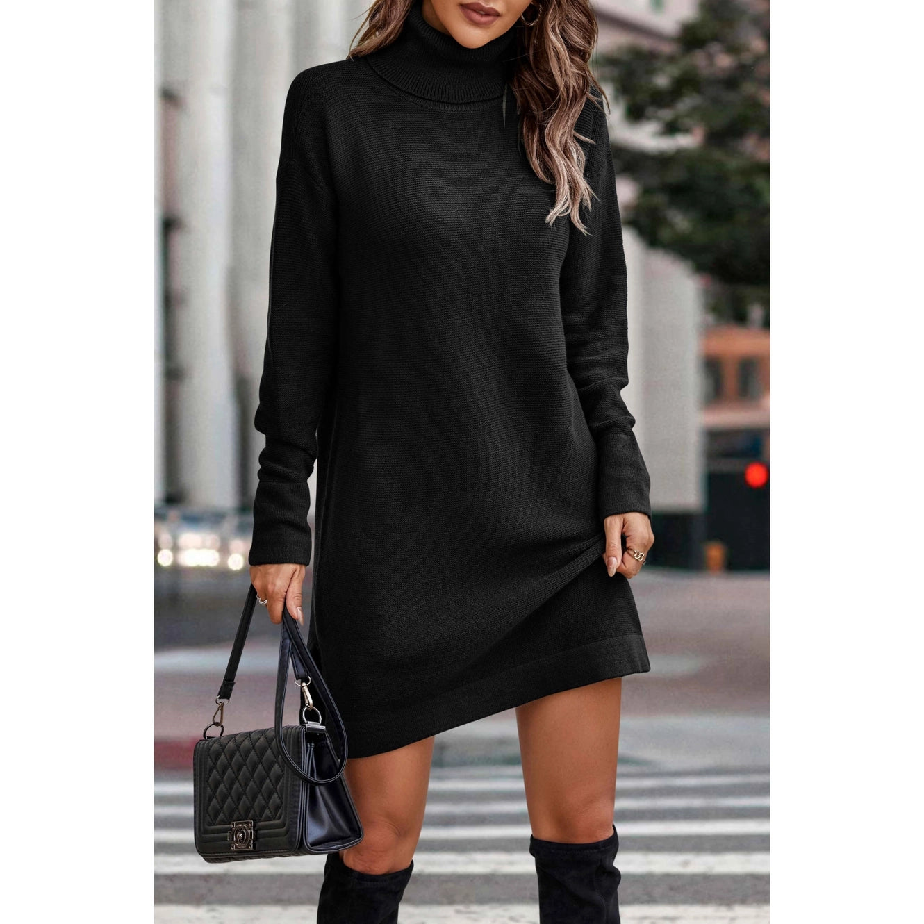 Knit Solid Turtleneck Midi Sweater Dress