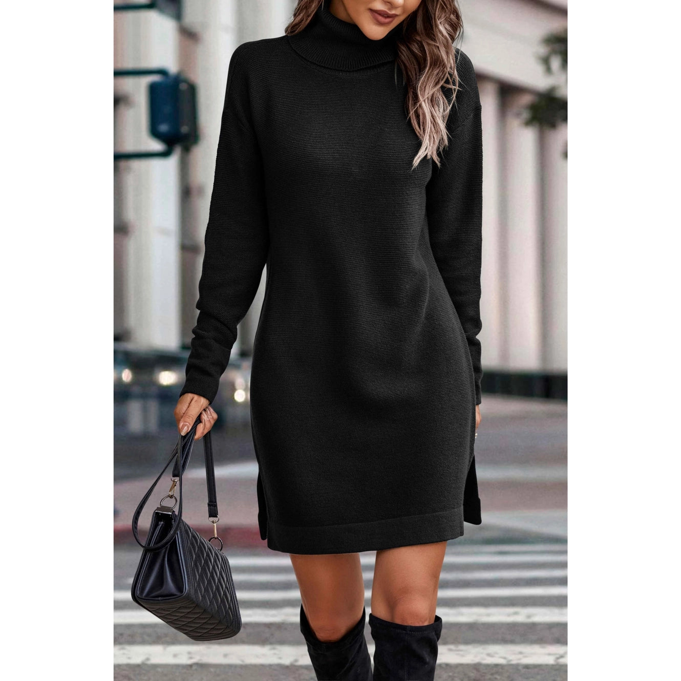 Knit Solid Turtleneck Midi Sweater Dress