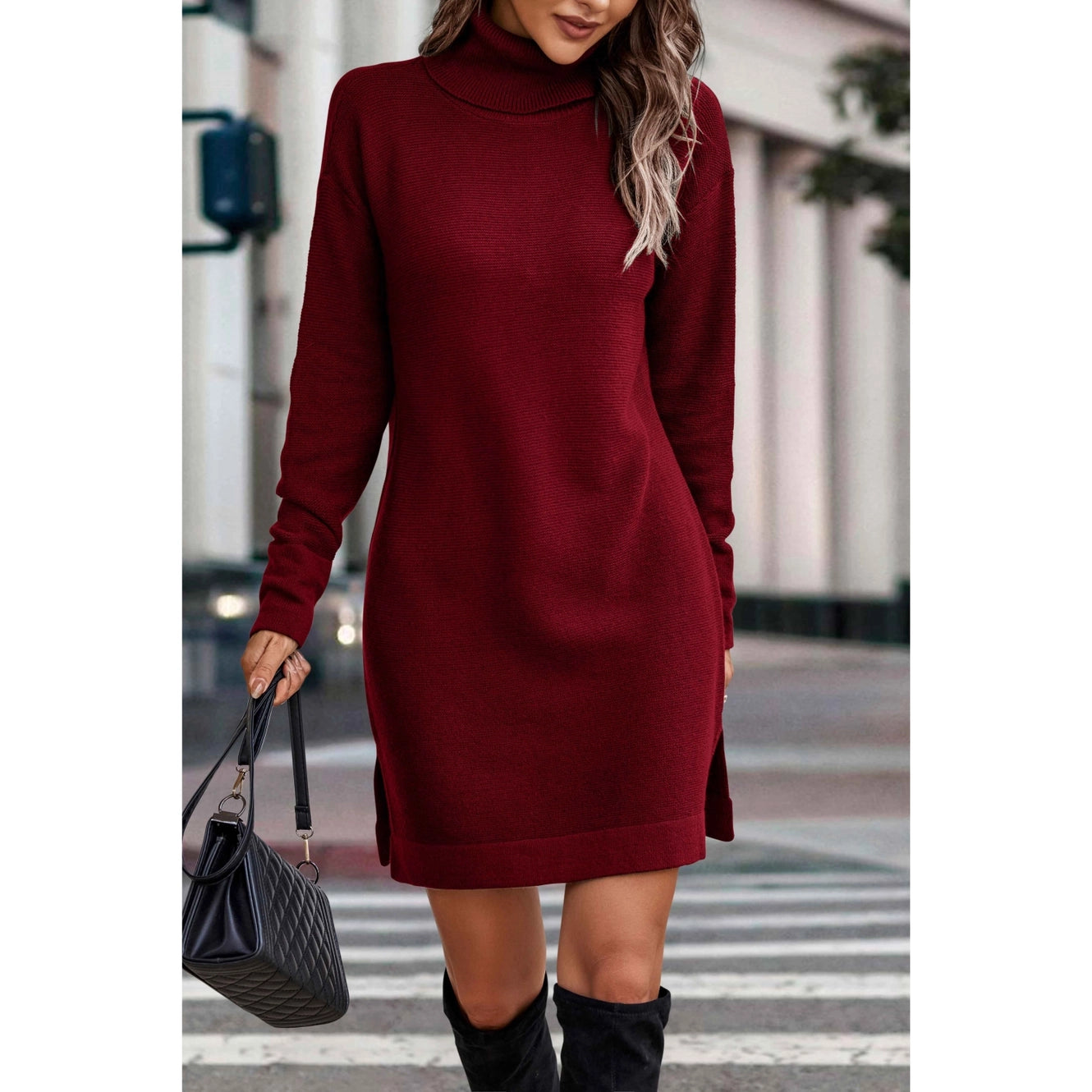 Knit Solid Turtleneck Midi Sweater Dress