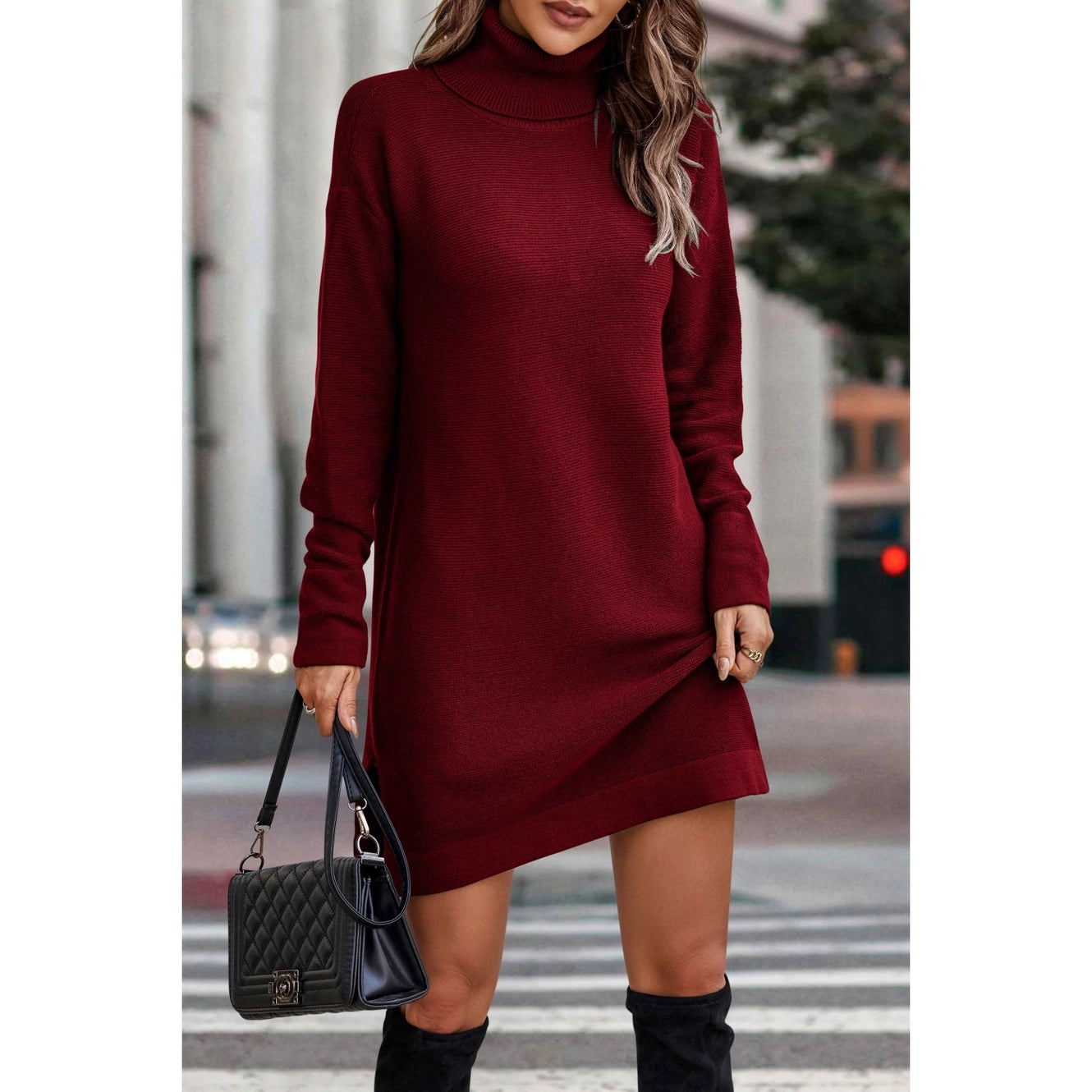 Knit Solid Turtleneck Midi Sweater Dress