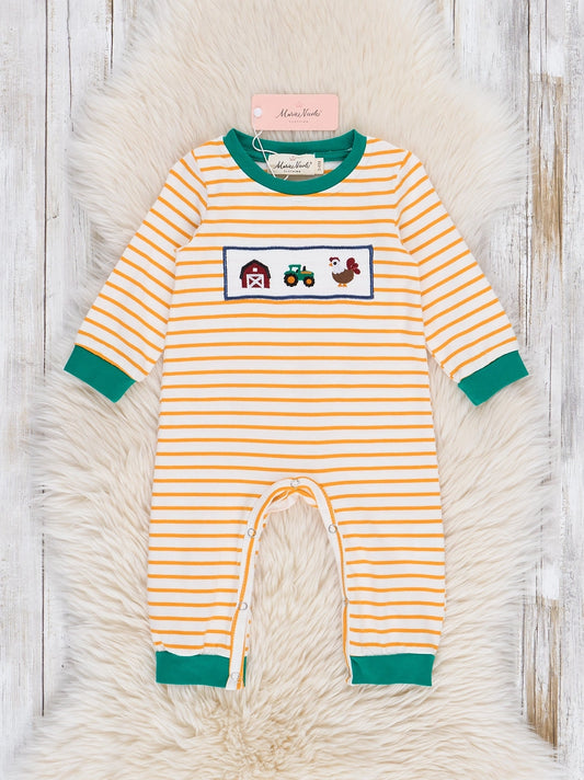 Down On the Farm Smocked Striped Romper