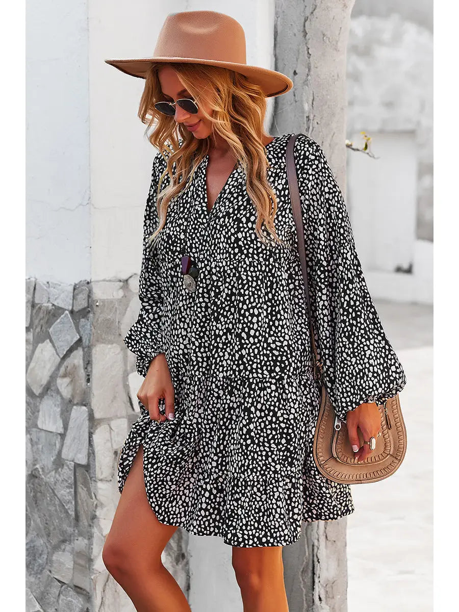 V Neck Drop Shoulder Cheetah Print Tunic Dress