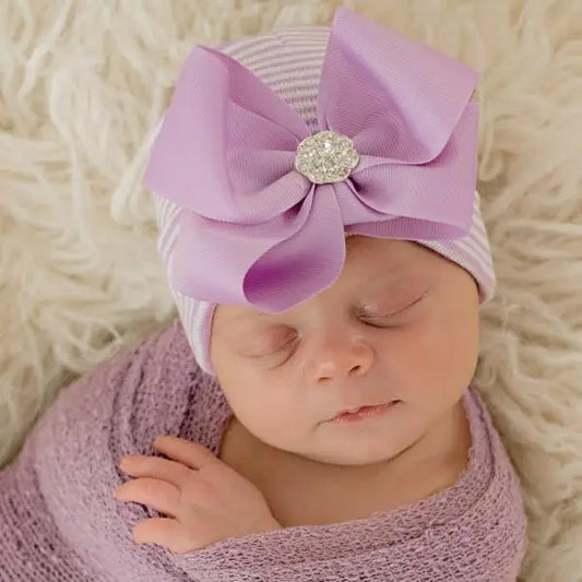 Ciara Bow Purple Striped Baby Hat Purple Bow with Gem Baby